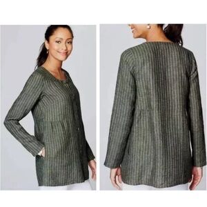 J. Jill 'PureJill' Gray Green Striped Linen Button Down Tunic pockets Medium